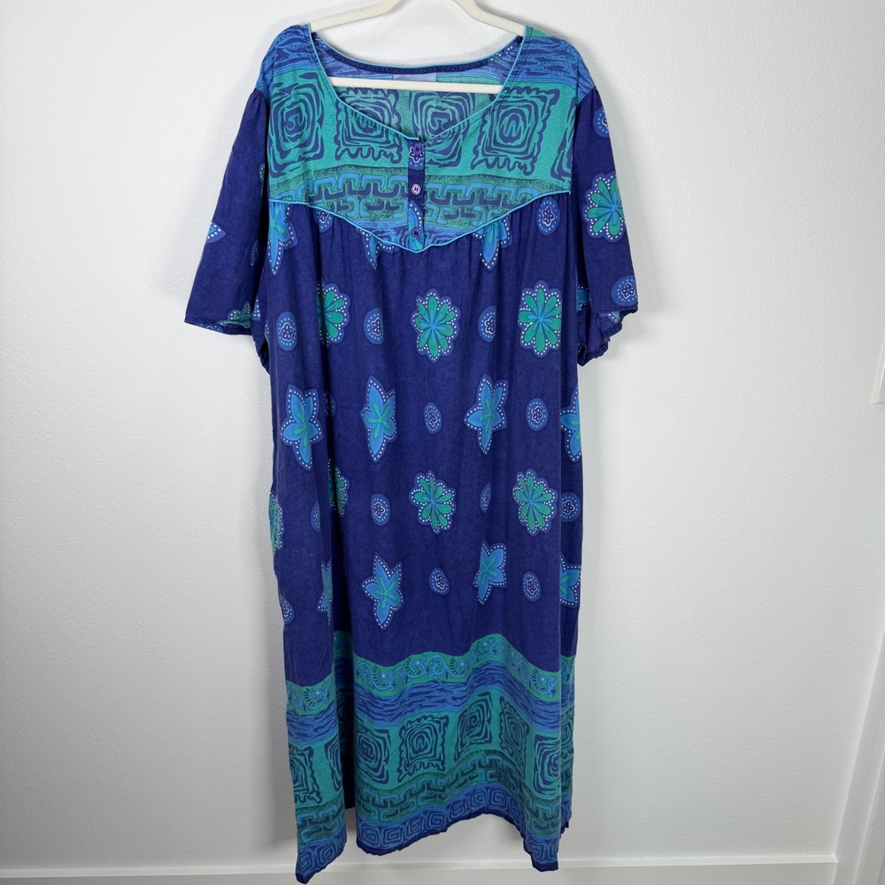 Only Necessities Plus 4X Blue Green Floral Cotton Lounger Nightgown Muumuu Dress
